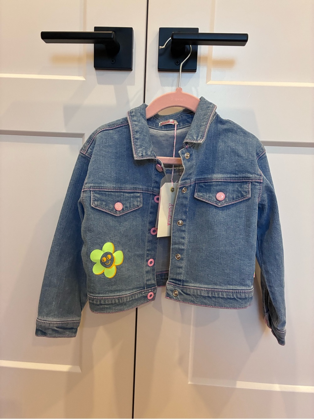 BNWT Girls' Denim Jacket with Neon Flower Patch and Pink Accents